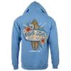 Blue hoodie featuring Ron Jon Surf Shop logo, surfboard, and tropical flowers, with Clearwater Beach text below.