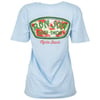 Blue T-shirt with a large Ron Jon Surf Shop logo and Myrtle Beach text printed on the back in green, red, and white colors.