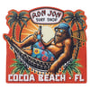 Illustration of a relaxed orangutan in a hammock with a drink, wearing sunglasses and a bucket hat, under palm trees. Text: Ron Jon Surf Shop, Cocoa Beach, FL.