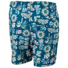 Blue swim trunks with an elastic waistband and a back pocket, featuring a yellow and green abstract floral pattern.