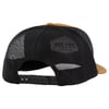 A black and brown mesh trucker hat viewed from the back, showing an adjustable snap closure.