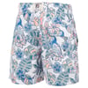 White swim shorts with a tropical print, featuring blue parrots, pink flowers, and green leaves.