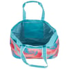 Open turquoise and peach tote bag with a leaf pattern, featuring a striped interior lining and an interior pocket.