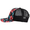 Black mesh trucker hat with pink and red floral print on the front and brim.
