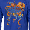A blue shirt featuring an illustrated orange and blue octopus with the text Ron Jon Surf Shop Cocoa Beach, FL on the back.