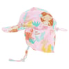 Pink childrens sun hat with playful mermaid and seaweed prints, featuring a wide brim, neck flap, chin strap, and OH SNAP! text on the side.