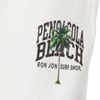 Close-up of a white fabric with the words Pensacola Beach Ron Jon Surf Shop and a graphic of a palm tree printed on it.
