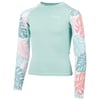 Light green long-sleeve rash guard with pink and green tropical leaf print on the sleeves, shown on a featureless white background.