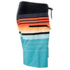 Side view of multicolored striped board shorts with a black waistband and zipper pocket on the right side.