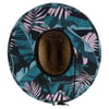 A wide-brimmed straw hat viewed from above, featuring a blue and pink tropical leaf pattern on the brim and a chin strap with a bead.