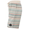 Striped shorts with a drawstring waistband and a small black circular patch on the hem. Colors include shades of grey, blue, and peach.