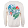Beige sweatshirt featuring a colorful Ron Jon Surf Shop design with waves, flowers, and leaves on the back.