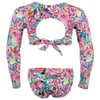 Colorful floral-patterned long-sleeve swimsuit with open back and tie.