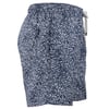 Navy blue swim shorts with a white floral pattern, elastic waistband, side pocket, and drawstring.