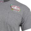 Gray T-shirt with a chest pocket and a Ron Jon Surf Shop One of a Kind Cocoa Beach, Fla. logo printed on the upper left side.