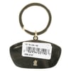 Gold keyring with a black, shield-shaped fob, featuring a white barcode sticker with numbers and a small gold emblem at the bottom.