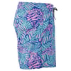 Blue swim shorts with pink and purple tropical leaf pattern, featuring a side pocket and drawstring waistband.