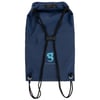 A navy blue drawstring backpack with black strings, metal grommets, and a visible light blue geckobrands logo on the front.