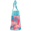 A tote bag with turquoise handles and a pink, turquoise palm leaf pattern on the body.