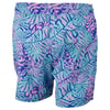 Colorful swim trunks featuring a vibrant pattern of blue and pink tropical leaves with an elastic waistband and a back pocket.