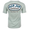 A light green t-shirt shown from the back with Ron Jon Custom Surfboards, Cocoa Beach, Fla. printed in large blue and black text.