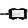 Black luggage tag with a form for name, address, and phone number. Tag has a loop strap for attachment.