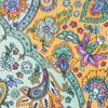 Colorful paisley and floral pattern in teal, yellow, pink, and green tones on a fabric background.
