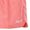 Close-up of coral fabric with Ron Jon embroidered in white on the lower right side near a hemmed edge.