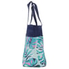 Tropical-themed blue and teal tote bag with pink accents and navy blue straps.
