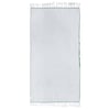 A rectangular light grey towel with white fringe on both shorter edges, laid flat against a white background.