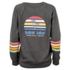 Gray sweatshirt with a colorful sunset design and palm trees on the back, featuring the text RON JON PENSACOLA BEACH. Sleeves have matching colorful stripes.
