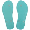 Two turquoise flip-flop soles with clear circular grips placed on a plain white background.