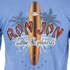 Blue t-shirt with a large Ron Jon Custom Surfboards graphic featuring a surfboard, palm trees, and the text Est. 1959 Orlando.