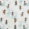 Patterned fabric featuring illustrations of women in hula skirts dancing against a light background.