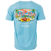 A light blue T-shirt with Ron Jon Surf Shop, tropical flowers, palm trees, and One of a Kind, Cocoa Beach printed on the back in colorful, bold lettering.