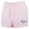 Pink and white striped shorts with an elastic waistband and Ron Jon logo embroidered in black on the front left leg.