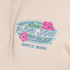 A close-up of sand fabric hoodie with Ron Jon Surf Shop Myrtle Beach and pink hibiscus flowers printed on the chest.