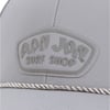 Close-up of a gray baseball cap with the Ron Jon Surf Shop logo embossed on the front. The cap features detailed stitching and a rope trim above the brim.