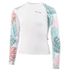 White long-sleeve rash guard with pastel leaf patterns on the arms.