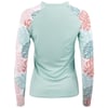 Back view of a mint green, long-sleeve rash guard with pink and green leaf patterns on the sleeves.