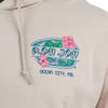Beige hoodie with Ron Jon Surf Shop, Ocean City, MD printed in blue and pink text, surrounded by pink hibiscus flowers.