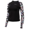 Black long-sleeve rash guard with colorful floral-patterned sleeves and small text on the chest.