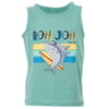 A teal tank top featuring a cartoon shark with a surfboard, colorful stripes, and the text RON JON Surf Shop.