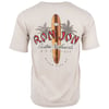 A beige T-shirt featuring a large graphic on the back with a surfboard, palm trees, and the text Ron Jon Custom Surfboards, Est. 1959, Ocean City MD.