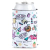 A can inside a neoprene wrap featuring colorful surf shop logos, animals, sunglasses, a surfboard, and geometric shapes.
