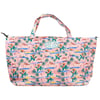 Pink Ron Jon Surf Shop tote bag with tropical beach and surfboard print, featuring two handles and a zipper closure.