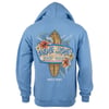 Blue hoodie with Ron Jon Surf Shop text, surfboard, and floral graphic. Myrtle Beach is also written below the design.