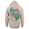 Beige hoodie with a colorful tropical design featuring waves, flowers, and leaves. Text reads Ron Jon Surf Shop and Panama City Beach in green and orange.