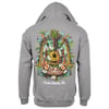 Gray hooded sweatshirt with a colorful tropical design, surfboards, flowers, and Ron Jon Surf Shop Cocoa Beach, Fla. printed on the back.
