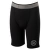 Black fitted shorts with a gray waistband and a round logo patch near the hem on one leg.